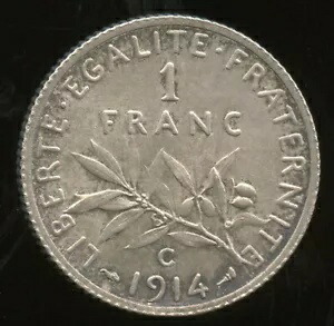 III 共和国 (1871-1940) 1 フラン Sower 1914 C Castelsarrasin
