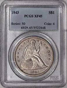 1843 年着席リバティ シルバー ドル 1 ドル PCGS XF45