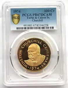タークス カイコス 1974 チャーチル 100 クラウン PCGS PR67 金貨、プルーフ