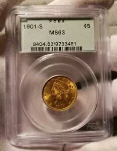 サンセットトーン、光沢のある 1901-S G$5 リバティ ゴールド PCGS MS-63 OGH オールド グリーン ホルダー｜WORLD RESOURCE【KING店】
