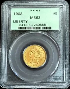 1908 ゴールド US $5 リバティ ヘッド ハーフ イーグル コイン グリーン ラベル PCGS ミント ステート 63 OGH|WORLD RESOURCE【KING店】