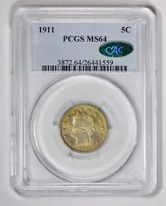1911 リバティ 5? V ニッケル、PCGS MS64 + CAC ステッカー、ブルズアイ トーニング