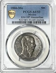 メキシコ - マクシミリアン - 50 センタボス 1866 月 - PCGS AU-53 - 鋳造数: 31,000｜WORLD RESOURCE【KING店】 360,855円