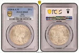 イタリア 20 リラ 1928 ホルダー PCGS MS65 素晴らしい保存状態の NSWLEIPZIG-