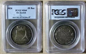 スイス カントン : 1826 20 Batz #192 証明書「PCGS」 MS64 SW-チューリッヒ 見事な CT16