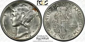 1945-P 10C PCGS AU58 マーキュリー ダイム バーチャル FB #26 トップ ポップ - RicksCafeAmerican.com