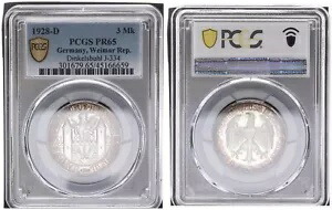 3 マーク J.334 1000 年ディンケルスビュール 1928 D PCGS PR65 86047-