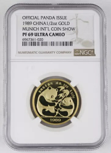 中国 1989 ミュンヘン国際コインエキスポ 1/2 オンス ゴールド パンダ プルーフ メダル コイン NGC PF69 UC