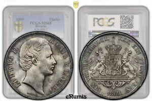 ドイツ、バイエルン、ルートヴィヒ 2 世、ターラー 1869、ライオンズ、トップ ポップ、PCGS MS 65