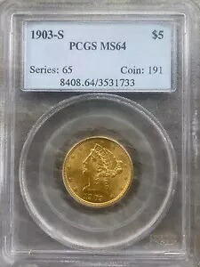 1903 S US 米国リバティヘッド 5 ドル金貨 PCGS MS64 希少 !!! 90%｜WORLD RESOURCE【KING店】