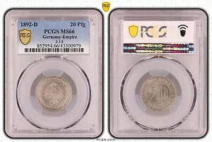 コイン ペニー エンパイア 20 フェニヒ 1892 D PCGS MS66 スプレンダー POP 1/1 nswleipzig
