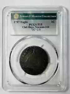 1787 Fugio PCGS F-15 BN Club Rays、丸い端 Newman 3-D- カウンター刻印
