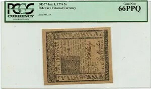 1776 年 1 月 1 日 5s デラウェア コロニアル DE-77 PcGS ジェム 65 PPQ
