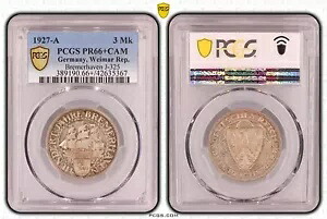 3 ライヒスマルク ワイマール ブレーマーハーフェン 1927 A PCGS PR66+CAM プルーフ 95420