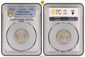 BRD 1950-F 5 Pfg J-382 サンプル (銅ニッケル 3.1g MS63) - 未使用品 114388