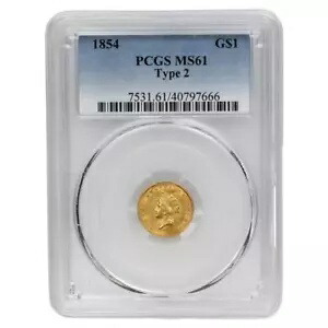 1854 スモール インディアン プリンセス ヘッド ゴールド ダラー G$1、PCGS MS 61 - タイプ 2、ニース コイン