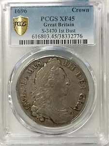 1696年 イングランド 英国 ウィリアム3世 クラウン 5シリング PCGS XF45 S 3470 最初の胸像