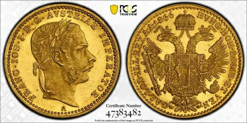 1866-A、オーストリア、フランシス ジョセフ I. ドゥカット金貨。希少な1年タイプ！ PCGS MS63！