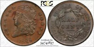 1828 C-2 R-2 PCGS MS 62 BN 12 スター クラシック ヘッド ハーフセント コイン 1/2c