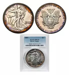 1987 シルバー イーグル ドル PCGS MS70 素晴らしいフロスティ デバイス日焼けしたトーンのエッジ