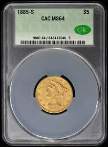 1885-S $5 リバティ ヘッド ハーフ イーグル CACG MS64 CAC