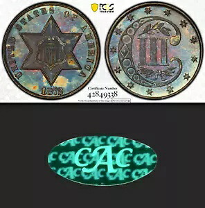 1872 PCGS PR64 CAC 1,000 鋳造 + 950 プルーフ \u003d 最低の 3c シルバー!レア スリー セント