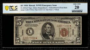 1934 $5 ハワイ第二次世界大戦緊急号 FR-2301 ミュール スター ノート - グレード PCGS 20 487,520円