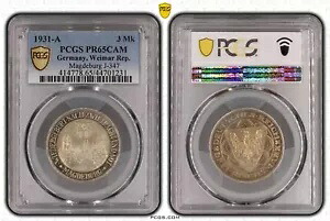 ワイマール 3 マーク マクデブルク 1931 ア ビスタ デッラ チッタ - PP PCGS PR65CAM 89522