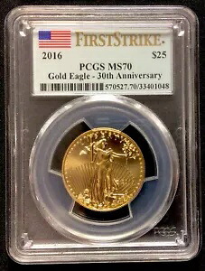 2016 ゴールド 25$ イーグル 1/2 オンス30周年記念！ファーストストライク！フラッグラベル！ PCGS MS70！