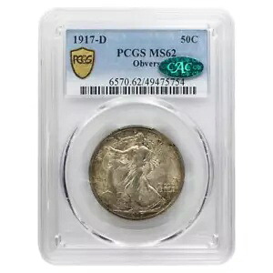 1917-D 表側ウォーキング リバティ ハーフダラー 50c PCGS MS62 CAC 認定