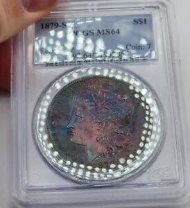 1879 S モーガン シルバー ダラー PCGS MS64 パープル ピンク & ブルー カラートーン モンスター OH