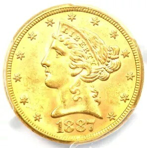 1887-S リバティ ゴールド ハーフ イーグル $5 コイン - PCGS MS64 (BU UNC) - $1,750 相当!