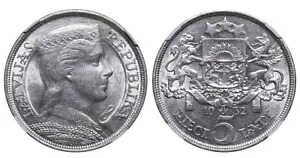 1932 ラトビア アルバーツ クヴィシス シルバー 5 ラティ NGC AU 58
