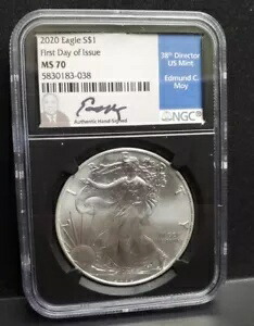 2020 シルバー イーグル NGC MS70 発行初日 - エドモンド C. モイ署名ブルーラベル