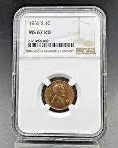 1955 S リンカーン ウィート セント ペニー コイン NGC MS67 レッド #032 ダイ チップ @ ミント マーク