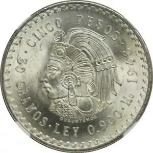 メキシコ 1948 シルバー 5 ペソ NGC MS65 クアウテモック アステカ チーフ
