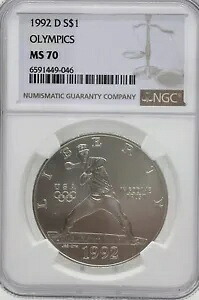 1992 D $1 シルバー オリンピック野球記念ドル NGC MS70 ブラウン LBL #593