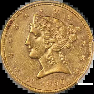 1860-P リバティ ゴールド $5 PCGS AU53 光沢良好 ストライク良好｜WORLD RESOURCE【KING店】 703,560円