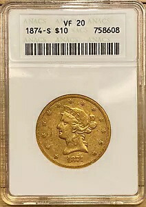 1874-S $10 VF20 ANACS ゴールド イーグル サンフランシスコ造幣局 推定生存者数 137 名|WORLD RESOURCE【KING店】