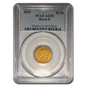 1836 $2.50 ゴールド クラシック ヘッド クォーター イーグル AU-55 PCGS (ブロック 8)｜WORLD RESOURCE【KING店】