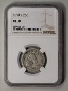 1859-S モットーなし 着席リバティ クォーター 25C NGC VF30｜WORLD RESOURCE【KING店】