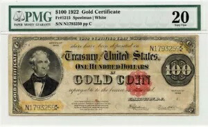 1922 年 $100 ゴールド 証明書 スモール レッド スカラップ Fr# 1215 PMG VF20｜WORLD RESOURCE【KING店】
