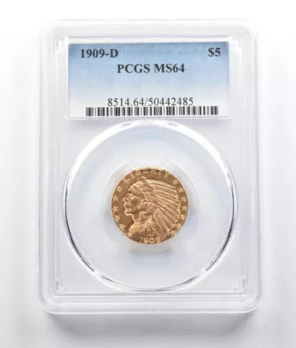1909-D $5 インディアン ヘッド ゴールド ハーフ イーグル MS64 PCGS *9432|WORLD RESOURCE【KING店】
