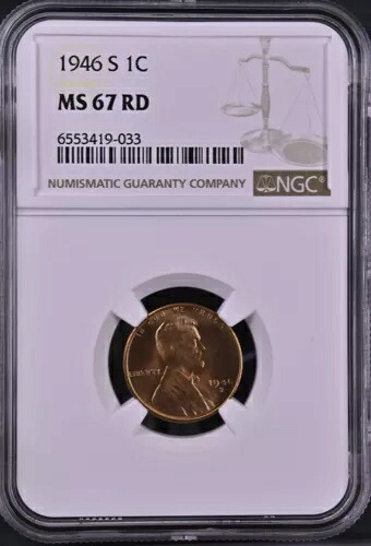 1946-S 1C RD リンカーン小麦 1 セント NGC MS67RD 6553419-033