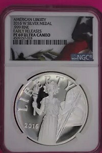 2016 W PF 69 DCAM アメリカン リバティ 1 オンス 0.999 ファイン シルバー メダル NGC スラブ 852