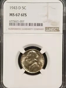 1943 デンバー ジェファーソン ニッケル、第二次世界大戦時代 %35 シルバー、NGC MS 67-6 フルステップ、非常にレア