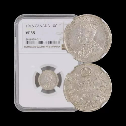 カナダ。 1915年、10セント、シルバー - NGC VF35 - KGV、スターリングダイム、キーデート