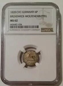 ドイツ 州 ブランズウィック ヴォルフェンブッテル カール II 1828 CVC 6 フェニヒ MS62 NGC|WORLD RESOURCE【KING店】