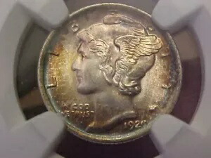 レインボートーン 1920 P マーキュリーダイム NGC MS62 FB フルバンド レッド グリーン ブルー トーン画像