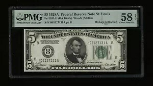 DBR 1928-A $5 FRN セントルイス数字神父。 1951-H PMG 58 EPQ シリアル H05127131A